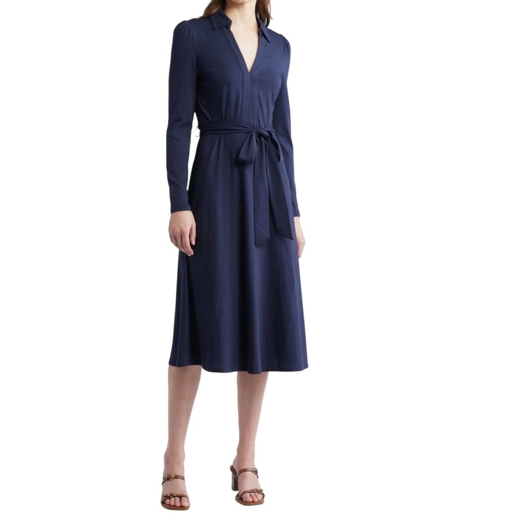 Boden Imogen Collared Jersey Maxi Dress Womens 8 Self Tie Waist Long Sleeve Navy